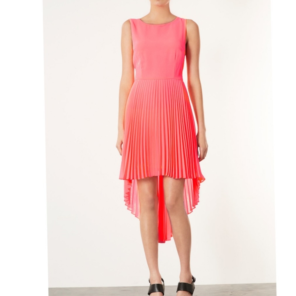 Topshop Fluro Coral pleated asymmetrical hem dress - Picture 1 of 6